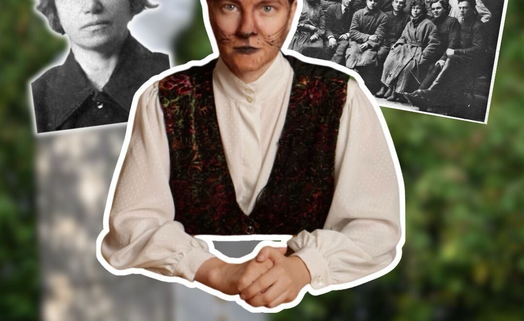 Каллаж з чалавекам на фоне старых фота Веры Харужай. Вокладка да Гістарычнага Бабра