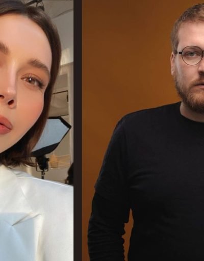 Калаж, мужчына ў чорным і жанчына ў белым