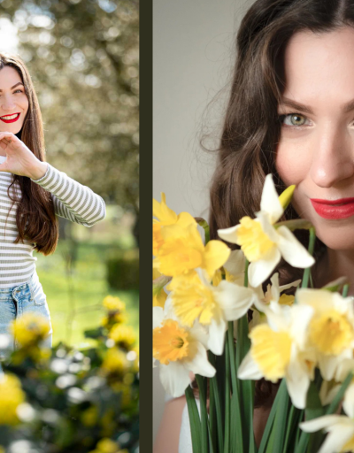 Жанчына з чырвонай памадай і кветкамі