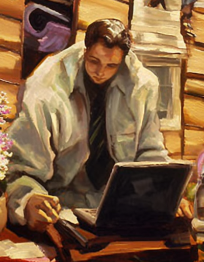 Ілюстрацыя, створаная штучным інтэлектам на падставе апісання ідэі ўдзельніка інтэнсіву «Ад ідэі да запуску» і карцін Абрама Рабкіна.